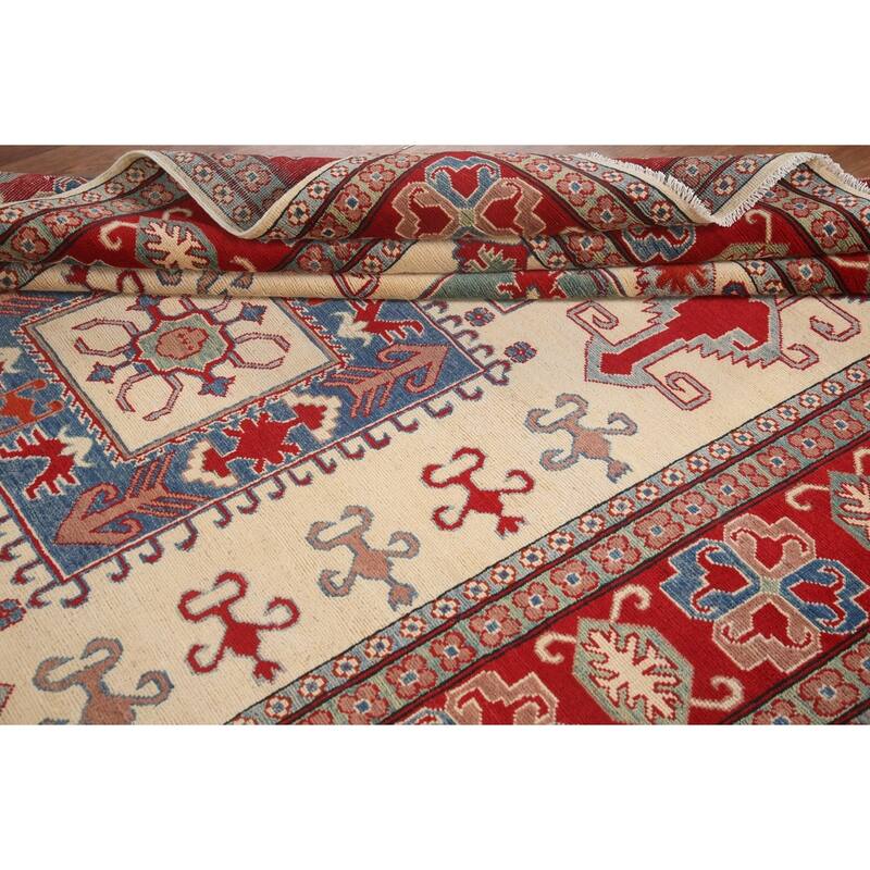 Hand Knotted Oriental 100% Wool Carpet Traditional Geometric Beige & Ivories Kazak Area Rug - 9' 8'' X 6' 6''