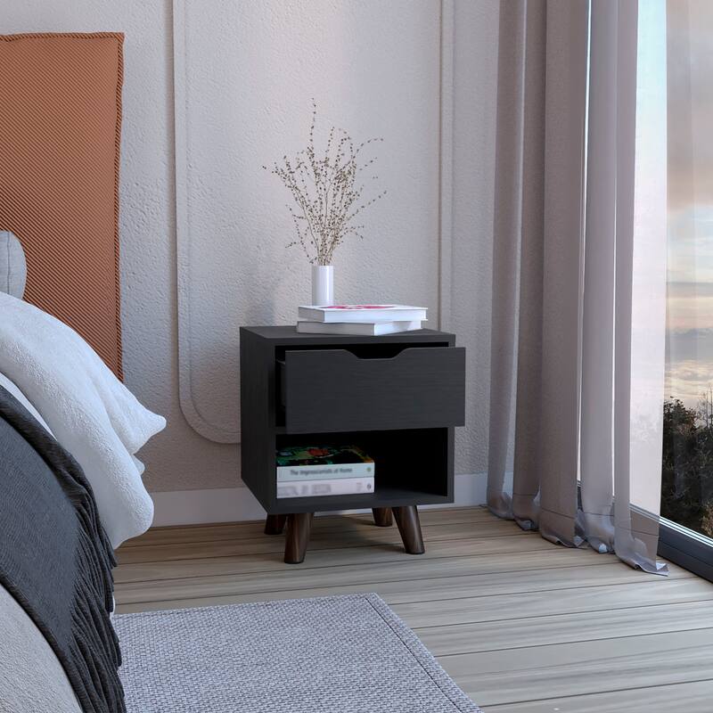 Contemporary Nightstand with Drawer & Open Shelf, Wooden Legs & Modern Design