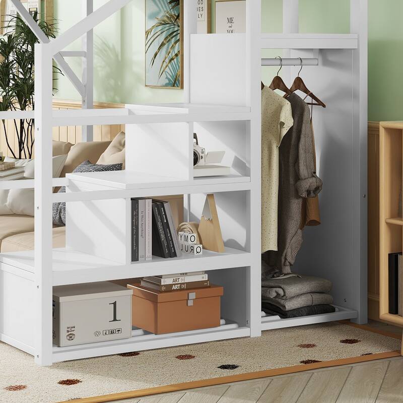 Metal White Queen Loft Bed w/ Stairs Storage Shelves & Wardrobe