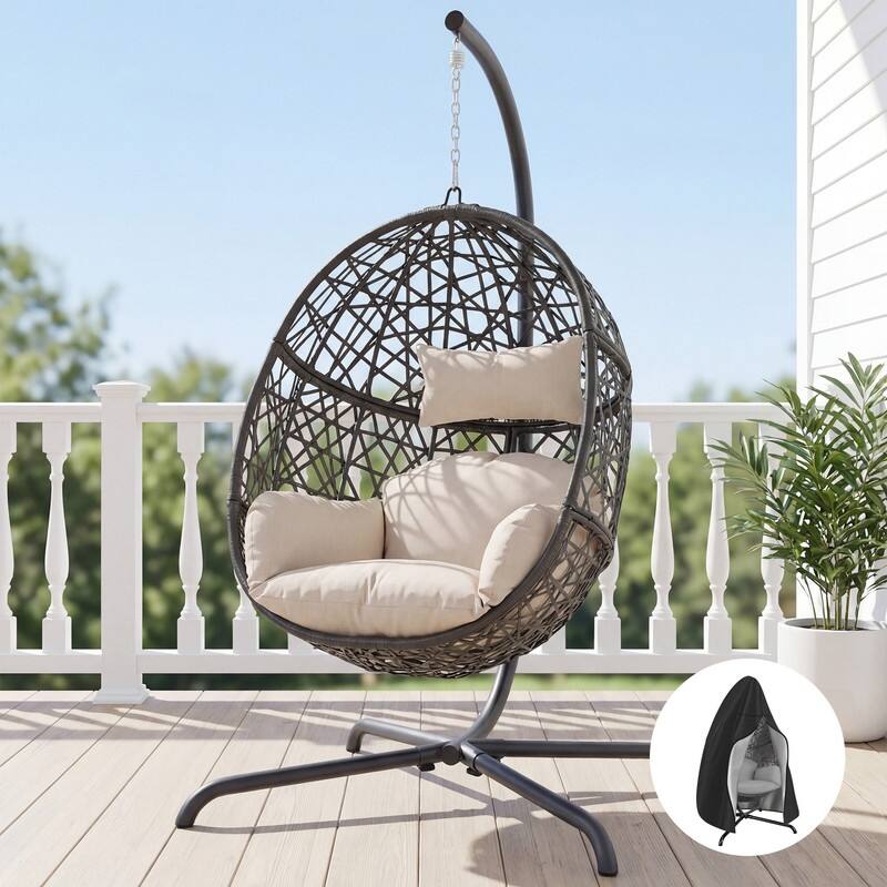 Oversized Hanging Egg Chair with Stand, Indoor/Outdoor Wicker Swing Chair for Patio Porch Balcony with Cushions - Beige/Cover