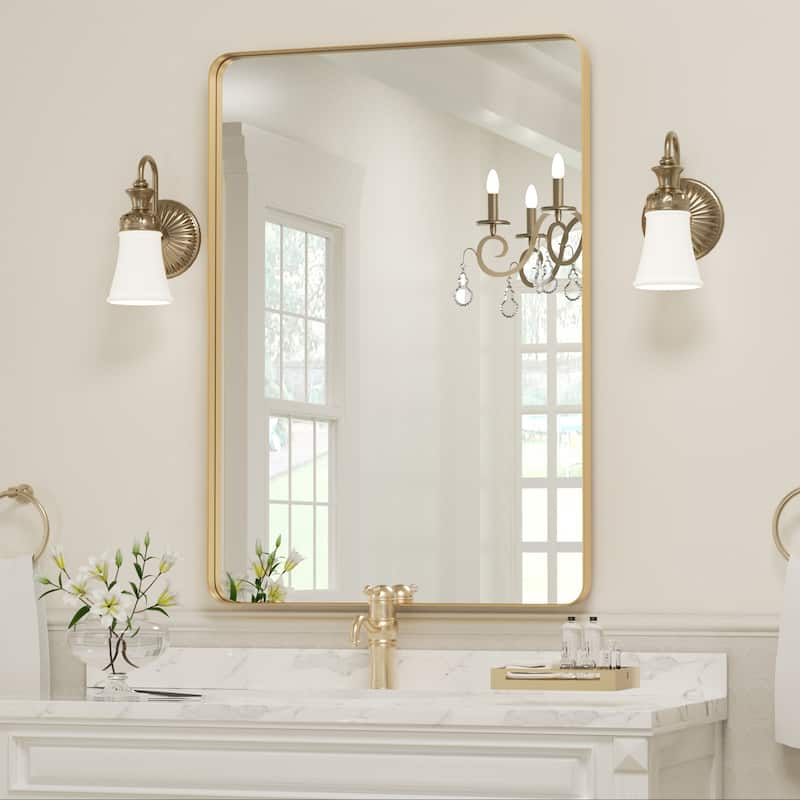 Modern Rectangle Bathroom Vanity Mirror with Metal Frame and Round Corners for Vertical/Horizontal - 22W*30H Inches - Gold