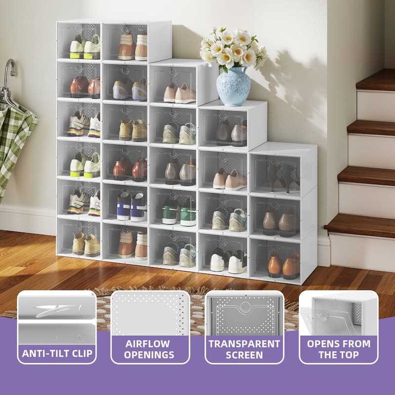 Moasis Shoe Organizer Box, 18/24 PCS Medium/ Large Shoe Storage Stackable Shoe Box Rack Containers Drawers