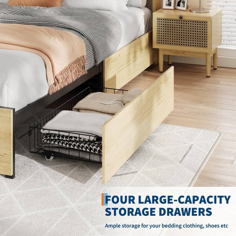 Bed Frame with Natural Rattan Headboard, 4 Storage Drawers