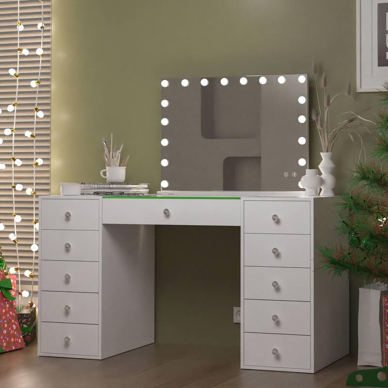 Bedroom Vanity Desk with RGB LED Light Strip, Glass Top Makeup Dressing Table with 11 Drawers