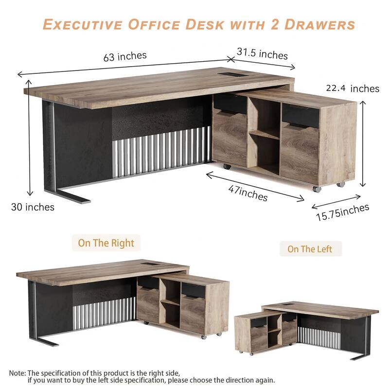 WESOME L-shaped Executive Office Desk with 2 Drawers 4 Wheels File Cabinets Cable Management