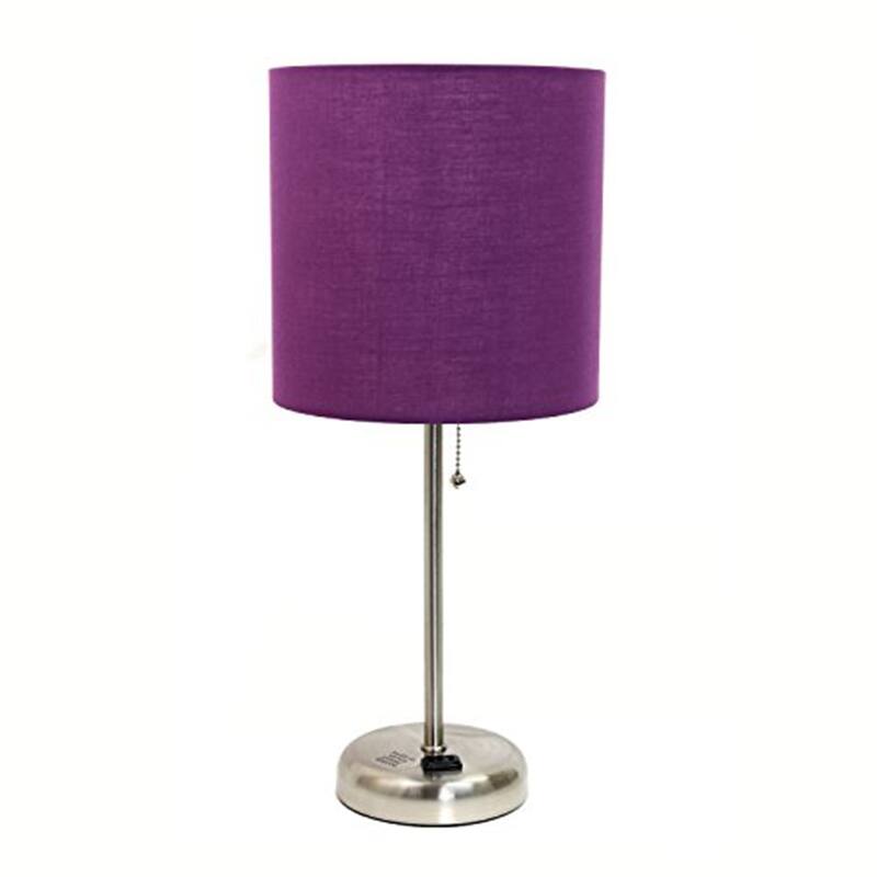 19.5 in. Brushed Steel Finish Table Lamp with Purple Shade, Durable Stick Lamp for End/Side Tables