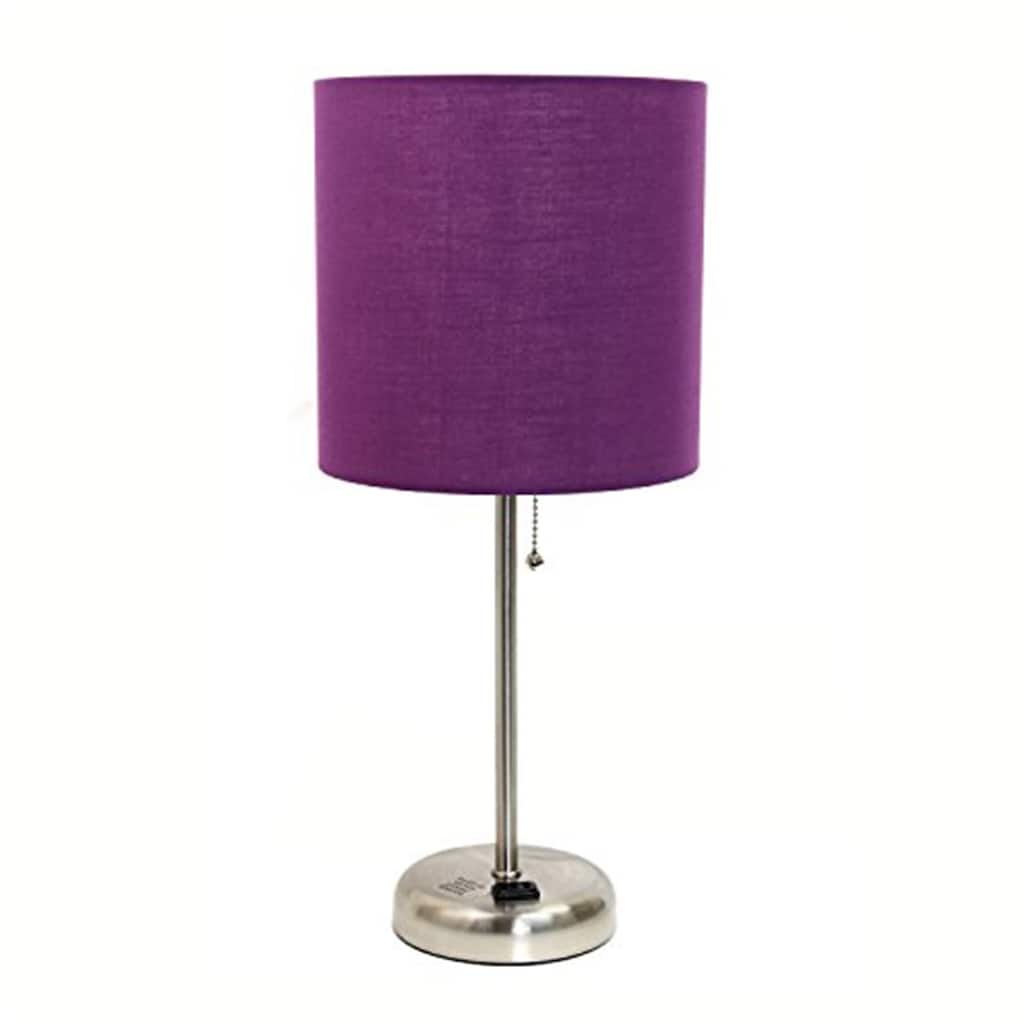 19.5 in. Brushed Steel Finish Table Lamp with Purple Shade, Durable Stick Lamp for End/Side Tables