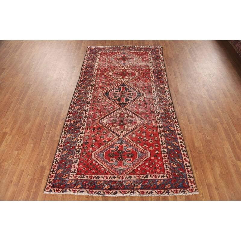 Distressed Bakhtiari Persian Vintage Rug Handmade Red Wool Carpet - 4'10"x 9'10"