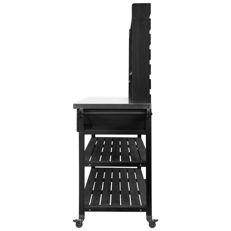 64.9"H Outdoor Potting Table with Lockable Wheels,Solid Wood Kitchen Island with Upper Hutch,Stainless Steel Top,Towel Rack