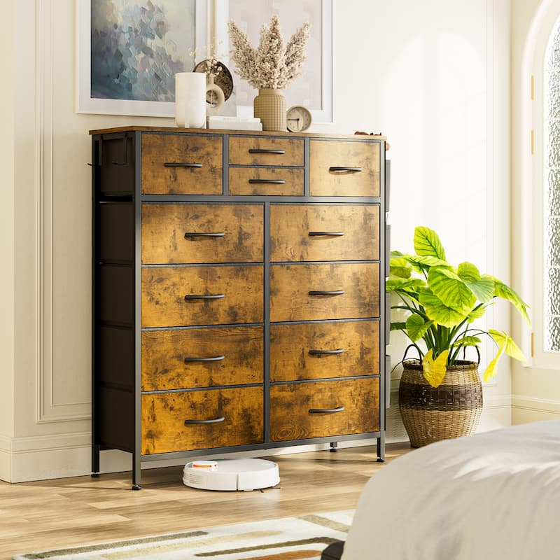 12 Drawer Dresser Fabric Tall Dressers for Bedroom Chest of Drawers - Rustic Brown