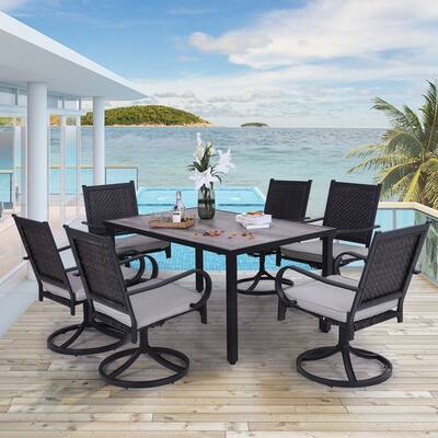 7-Piece Outdoor Patio Dining Set, 1 Rectangular Dining Table & 6 Rattan Swivel Chairs with Cushion