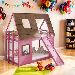 Twin Size Wood House Bunk Bed with Window Roof Shape Design and Ladder ...