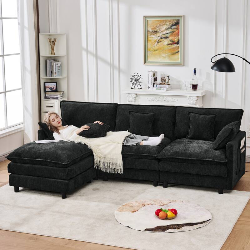 L-Shaped Modular Sectional Sofa with Movable Storage Ottoman, Comfy Cashmere Deep Seat Cloud Couch, Lounge Sofa with Pillows
