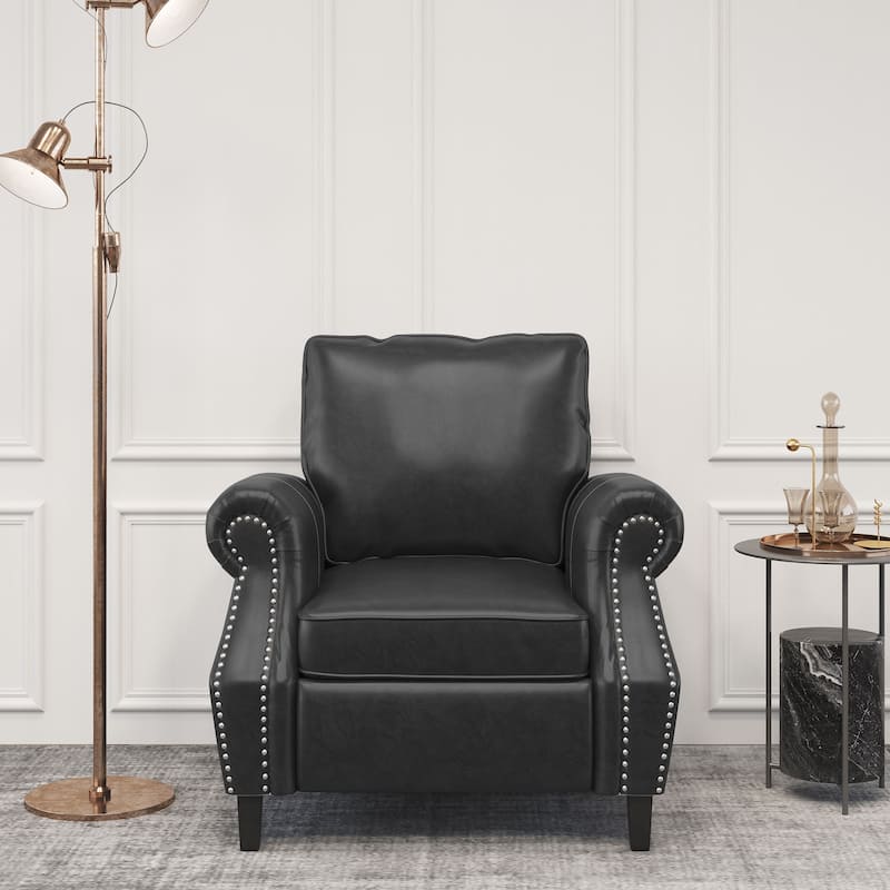Roomfitters Faux Leather Club Chair with Rolled Arms, Nailhead Trim and Cushioned Seat, Classic Accent Armchair, Black