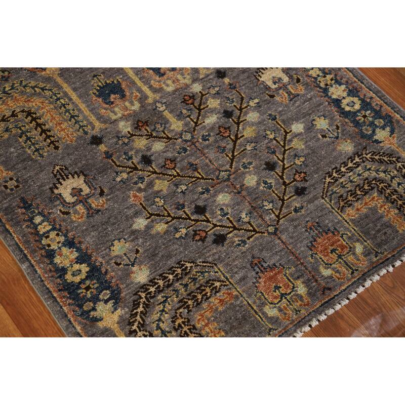 Hand Knotted Oriental 100% Wool Carpet Transitional Floral Greys & Charcoal Oushak Runner Rug - 9' 9'' X 2' 10''
