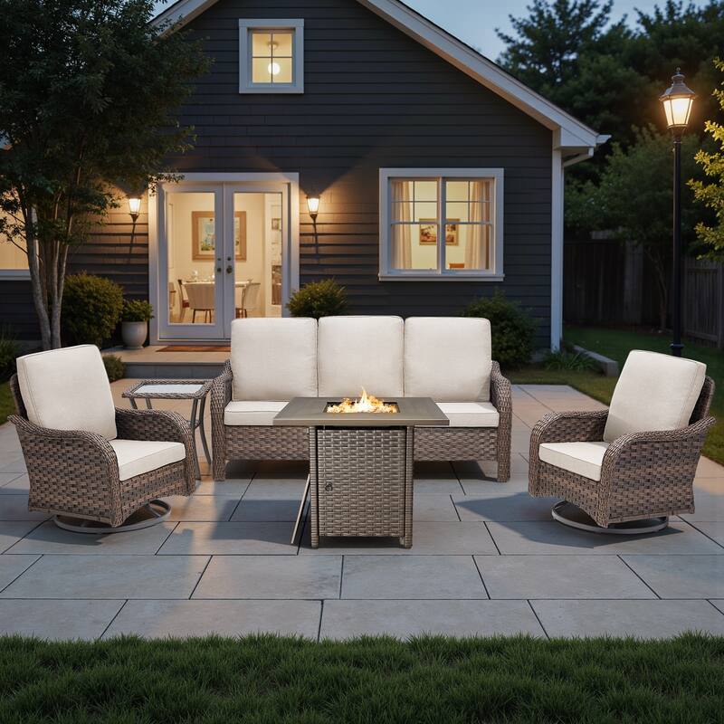 Pocassy Patio Funiture Sofa Swivel Chair Ottoman with Fire Table Set - Beige Cushion - Brown Wicker - 5-Piece Sofa Swivel Chair with Fire Table