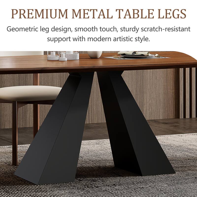 86" Mid Century Modern Dining Table, Brown Solid Wood Tabletop with Black Stainless Steel Legs, Retangular DiningTable for 8-10