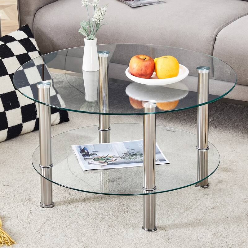 Modern Minimalist Coffee Table 2 Tier Coffee Table with Cylindrical Gold Plated Iron Pipe and Anti-slip Mat, for Living Room - Silver