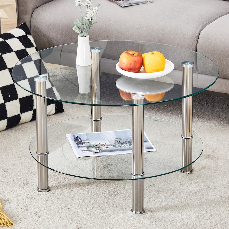 Roomfitters Double Layer Glass Coffee Table with Gold Legs, 27.5" Top and 23.6" Bottom, Modern Minimalist Design - Silver