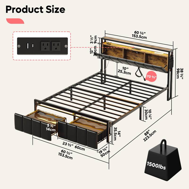 Bed Frame Storage Platform Bed with Charging Station Headborad and LED Ligths