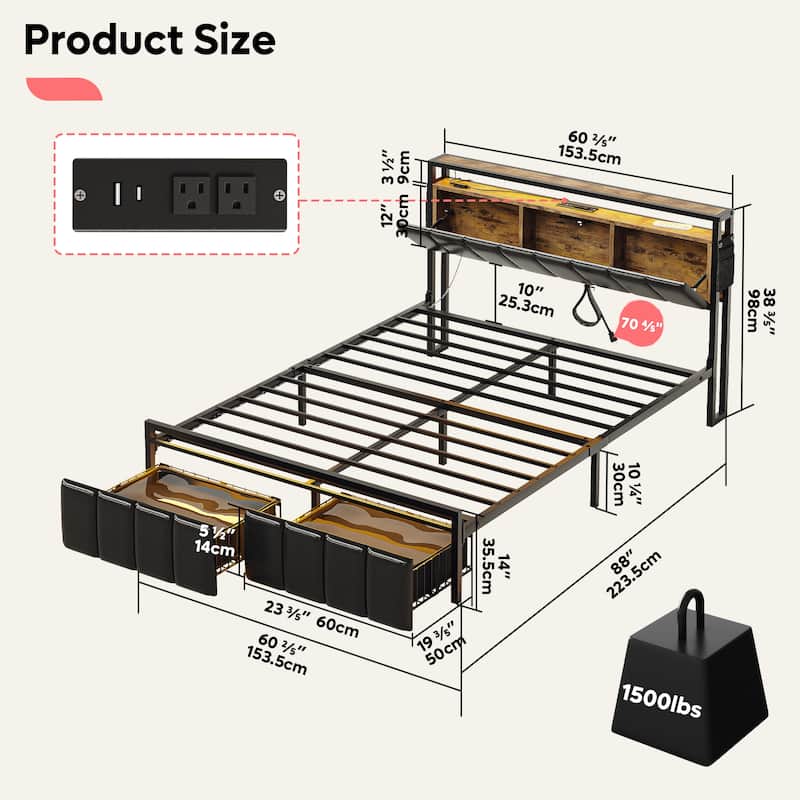 Bed Frame Storage Platform Bed with Charging Station Headborad and LED Ligths