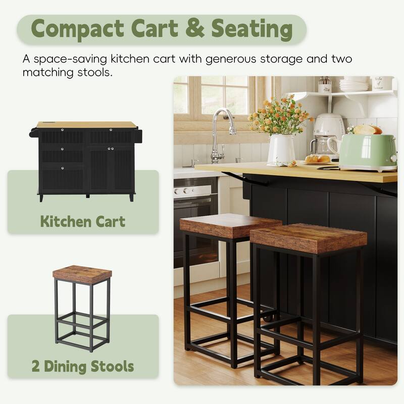 Roomfitters Farmhouse Kitchen Island Cart with Drop Leaf and 2 Stools, Power Outlet and Storage