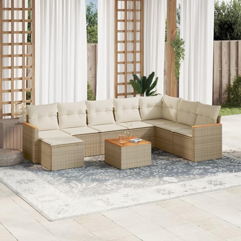 vidaXL Patio Sofa Set with Cushions Outdoor Conversation Furniture Poly Rattan - 24.4 x 24.4 x 27.2 in - Beige with table