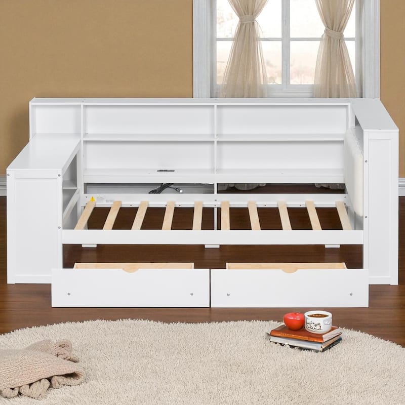 Twin/Full Size Platform Bed with Desk, Drawers, Shelves, Charging Station, LED Lights and Upholstered Headboard