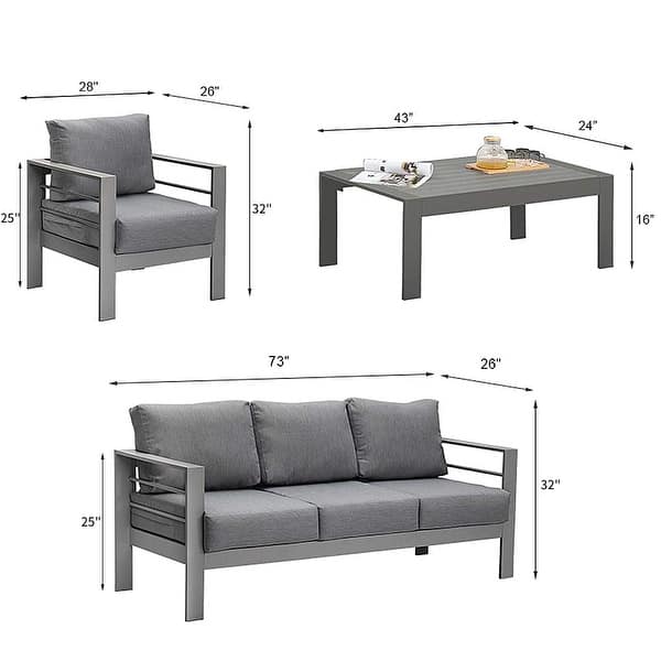 dimension image slide 1 of 6, Royalcraft 4-Piece All-Aluminum Patio Set with 5" Cushions & 3.2" Widened Armrest, Seats 5, 250 lbs - 4-Piece Sets