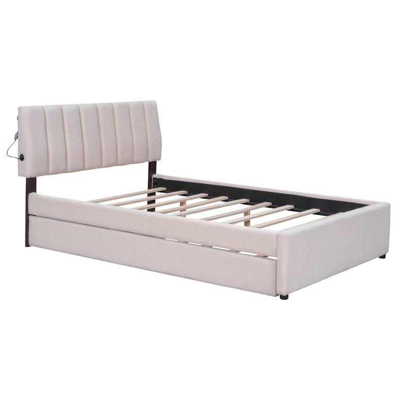 Beige Upholstered Platform Bed w/Trundle & LED Headboard - Full