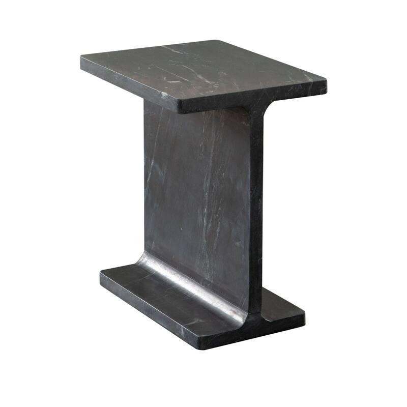Isy Accent End Table, 15 Inch Black Marquina I-Beam Shaped Natural Marble