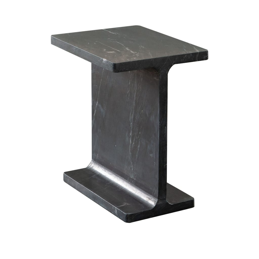 Isy Accent End Table, 15 Inch Black Marquina I-Beam Shaped Natural Marble