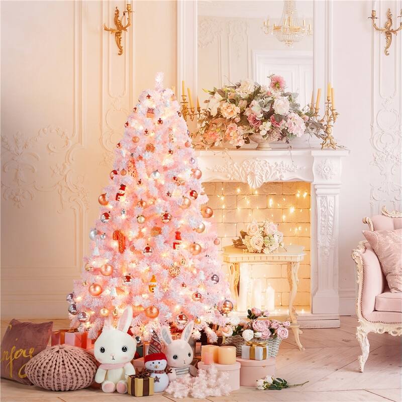 Yaheetech Pre-lit Flocked Artificial Christmas Tree Snow Frosted Christmas Tree, Pink - 4.5 Foot