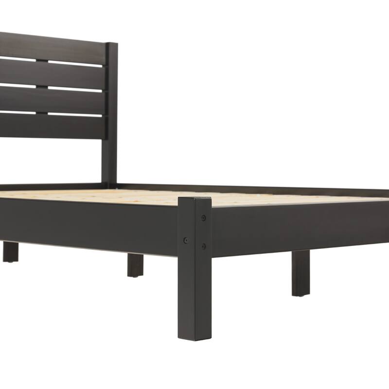 Queen Size Solid Pine Platform Bed frame with Slatted Headboard and No Box Spring Needed