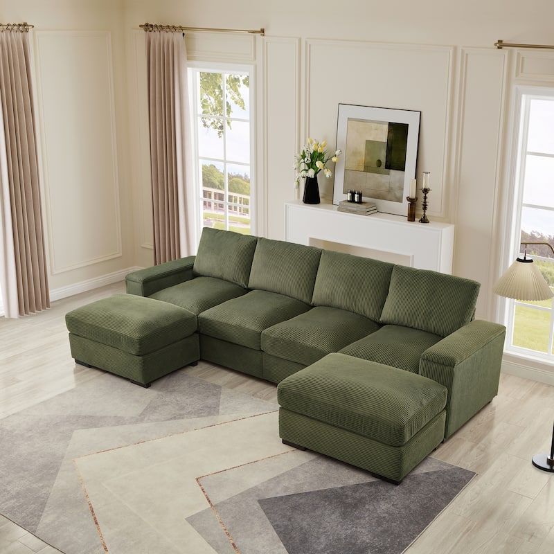 Symmetrical U-shaped Sectional Sofa Corduroy Sleeper Couch with Storage Armrests and Deep Seating, 4 Seat & 2 Ottomans Set