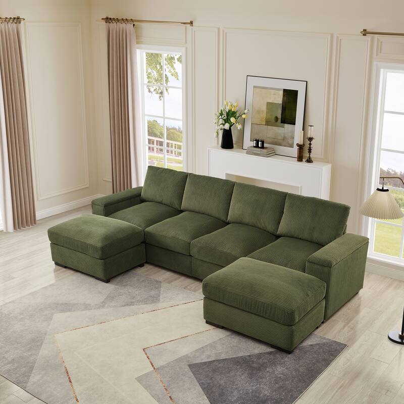 U-Shaped Sectional Sofa with 2 Movable Ottomans, Comfy Corduroy Upholstered 4 Seater Sofa, Lounge Sofa with Storage Armrests