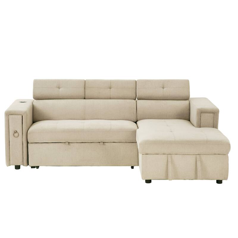 96" Multi-Functional L-Shape Pull-Out Sofa Bed, Beige Linen