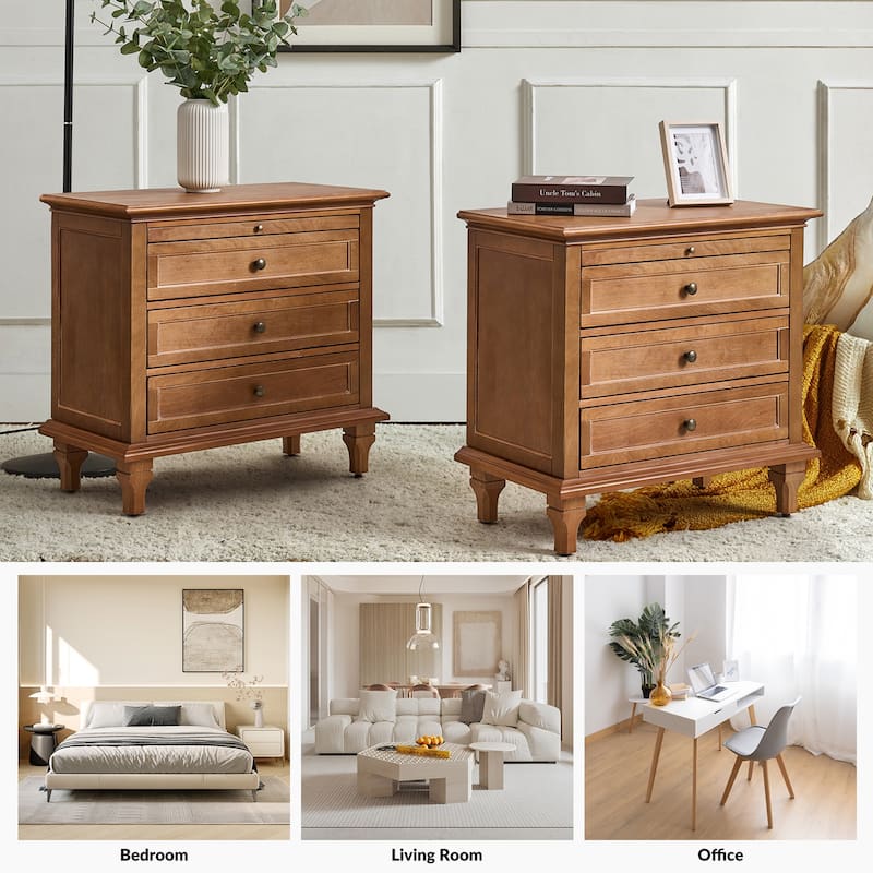 Muriel Farmhouse 3 Drawers Nightstand with Built-In Outlets Set of 2 by HULALA HOME