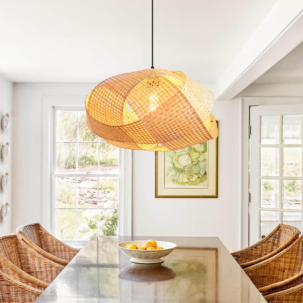 1-Light Personalized Design Rustic Bamboo Hand-Woven Pendant Lamp - 20" W x 59" H