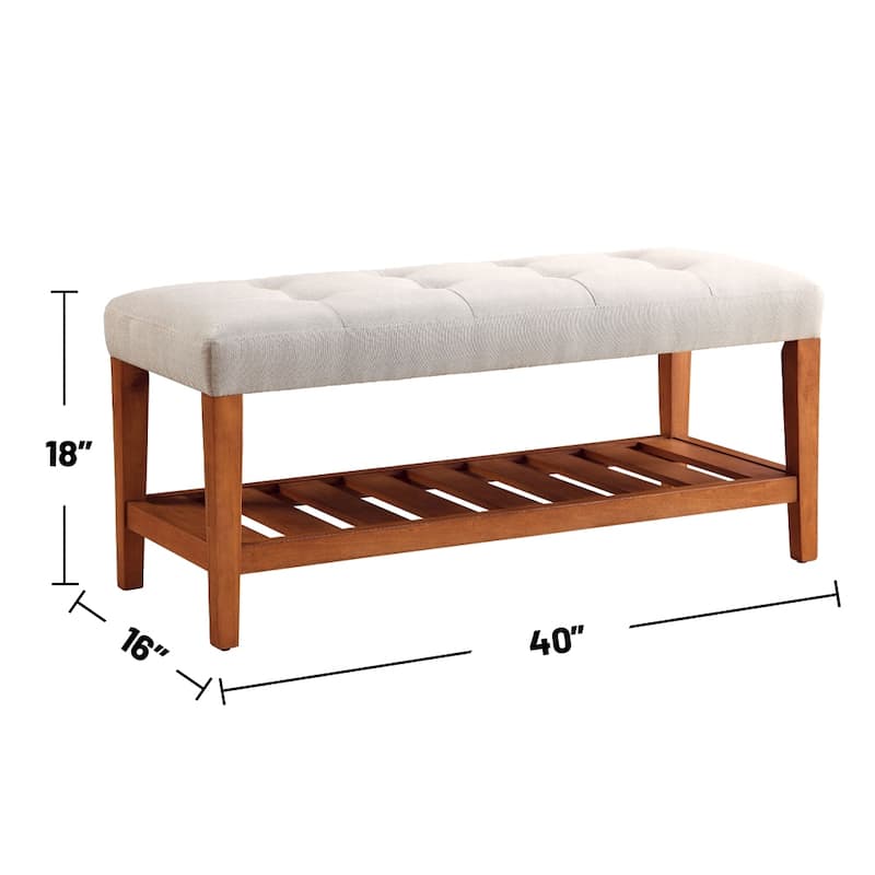 Fabric Upholstered Bench with Open Storage, Blue and Oak