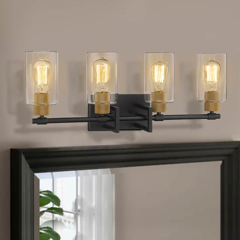 4-Light Bathroom Vanity Light ,Black and Antique Gold Finish with Clear Glass Shade - N/A