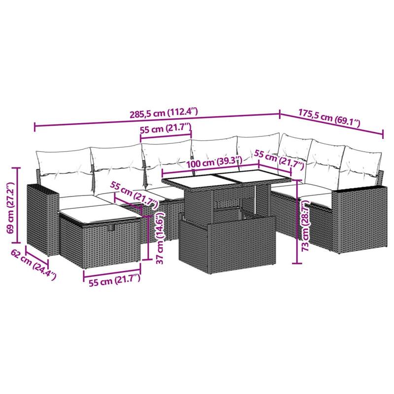 vidaXL Patio Sofa Set with Cushions Outdoor Furniture 9 Piece Poly Rattan - 21.7 x 39.4 x 28.7 in