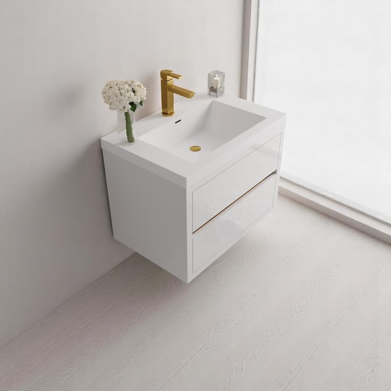 24"/30"/36" Wall-Mounted Bathroom Vanity with Sink, Floating Cabinet, Stone Resin Countertop, Glossy White, Soft-Close Drawers
