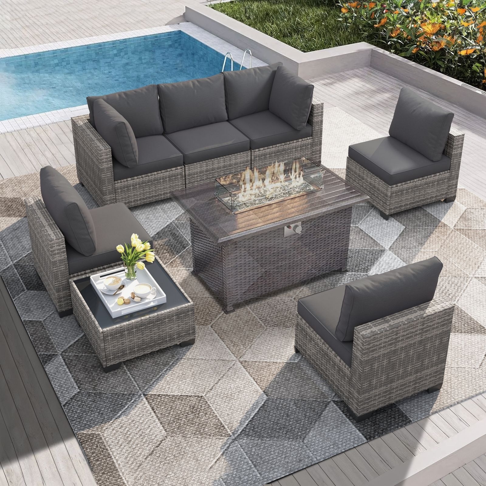 7-PC Wicker Patio Conversation set with Coffee Table and Cushions