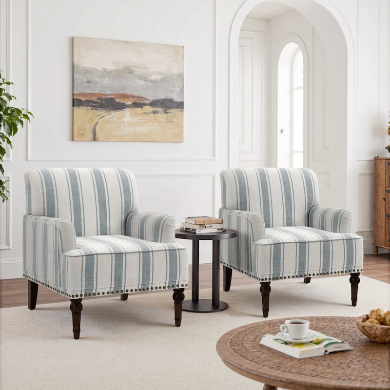 Set 2 Striped Upholstered Linen Armchair with Brass Nailhead Trim - BLUE STRIPED
