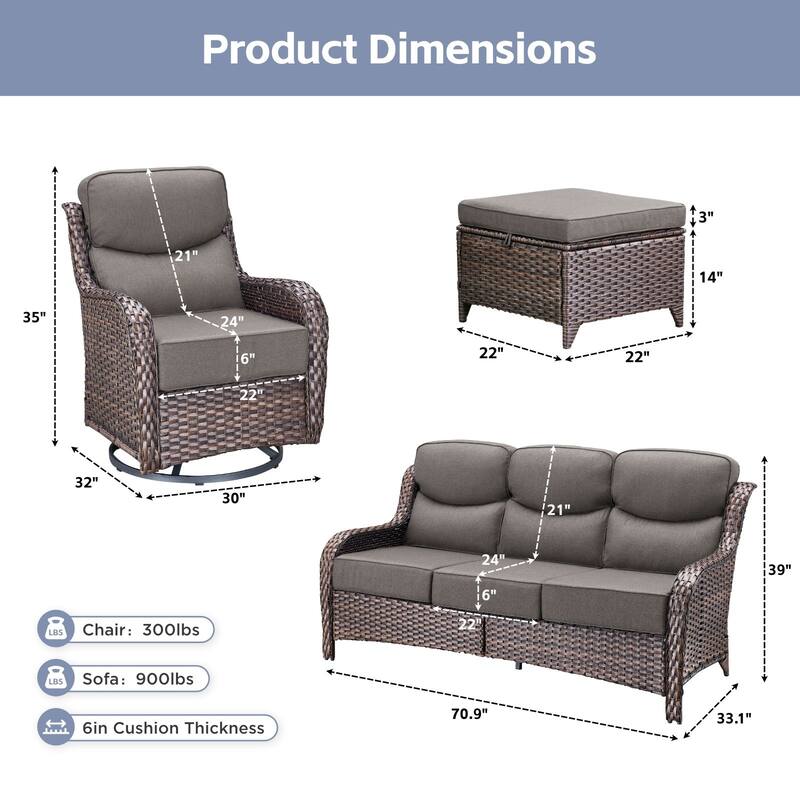 Arcadia 5-Piece Wicker Patio Conversation Set with Swivel Gliders and 6-Inch Thick Olefin Cushions