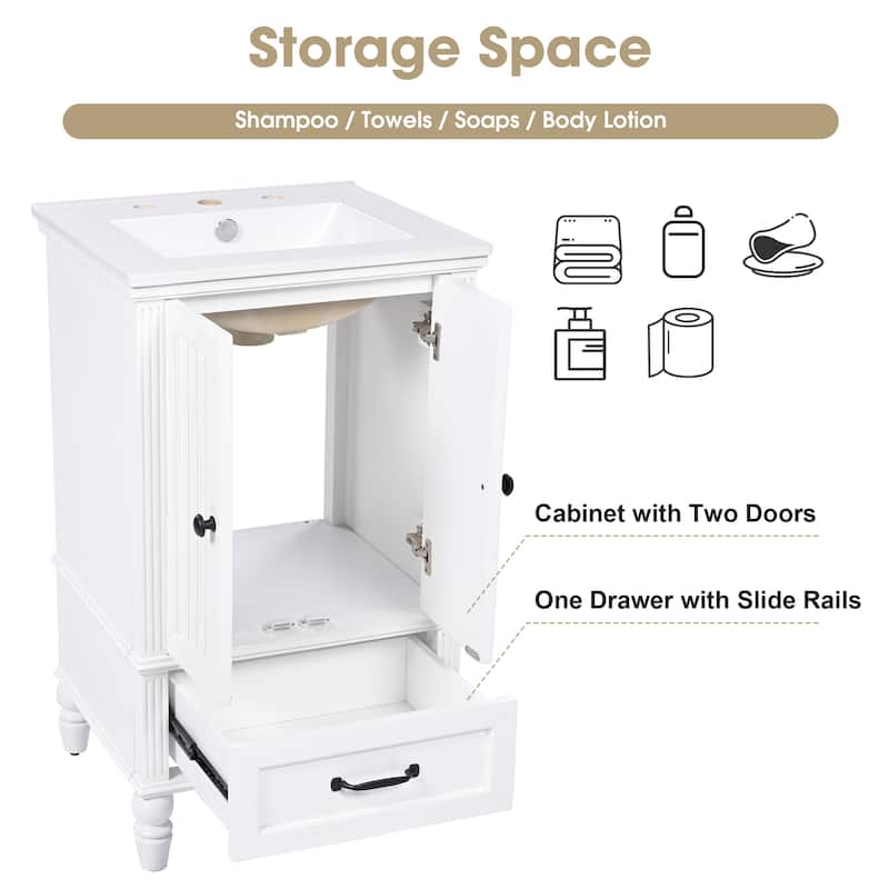 20" White Bathroom Vanity with Sink, Magnetic Door Stopper, Cabinet & Drawer Storage, Adjustable Feet
