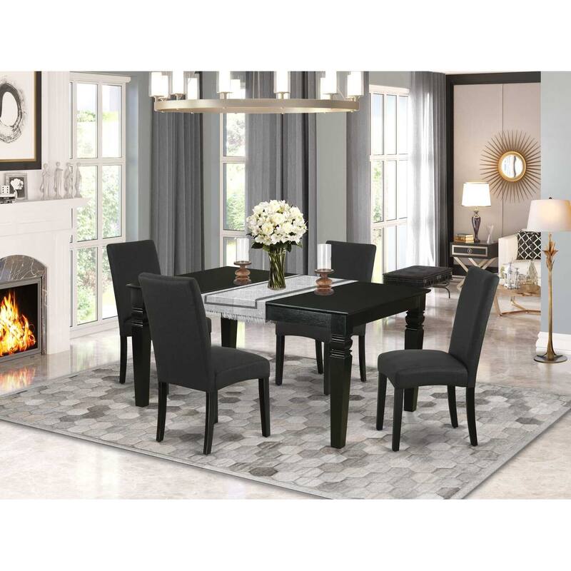 HomeStock 5-Piece Rectangle Black Finish Solid Wood Top Dining Table with 4 Parson Chair with Butterfly Leaf Lattice Back