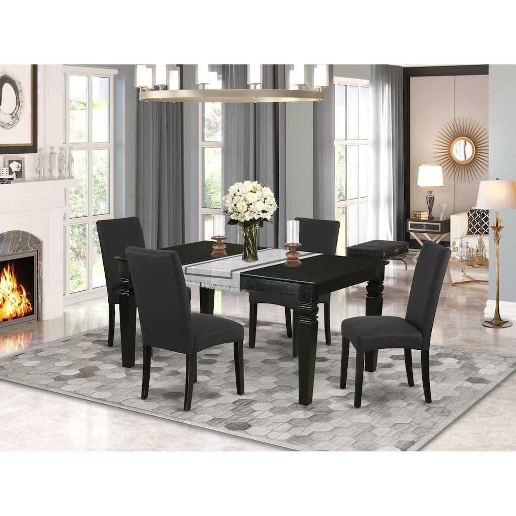 HomeStock 5-Piece Rectangle Black Finish Solid Wood Top Dining Table with 4 Parson Chair with Butterfly Leaf Lattice Back