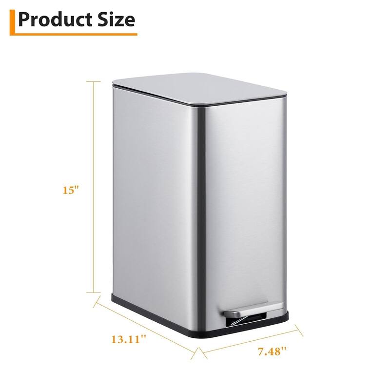 2.6 Gallon Kitchen Stainless Steel Trash Can with Soft Lid and Removable Inner Bucket, Suitable
